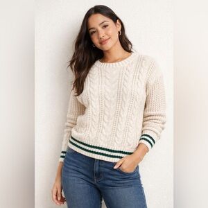 American Eagle Cream Cable Knit Sweater w/ Green Stripe Hem – XS – Preppy
